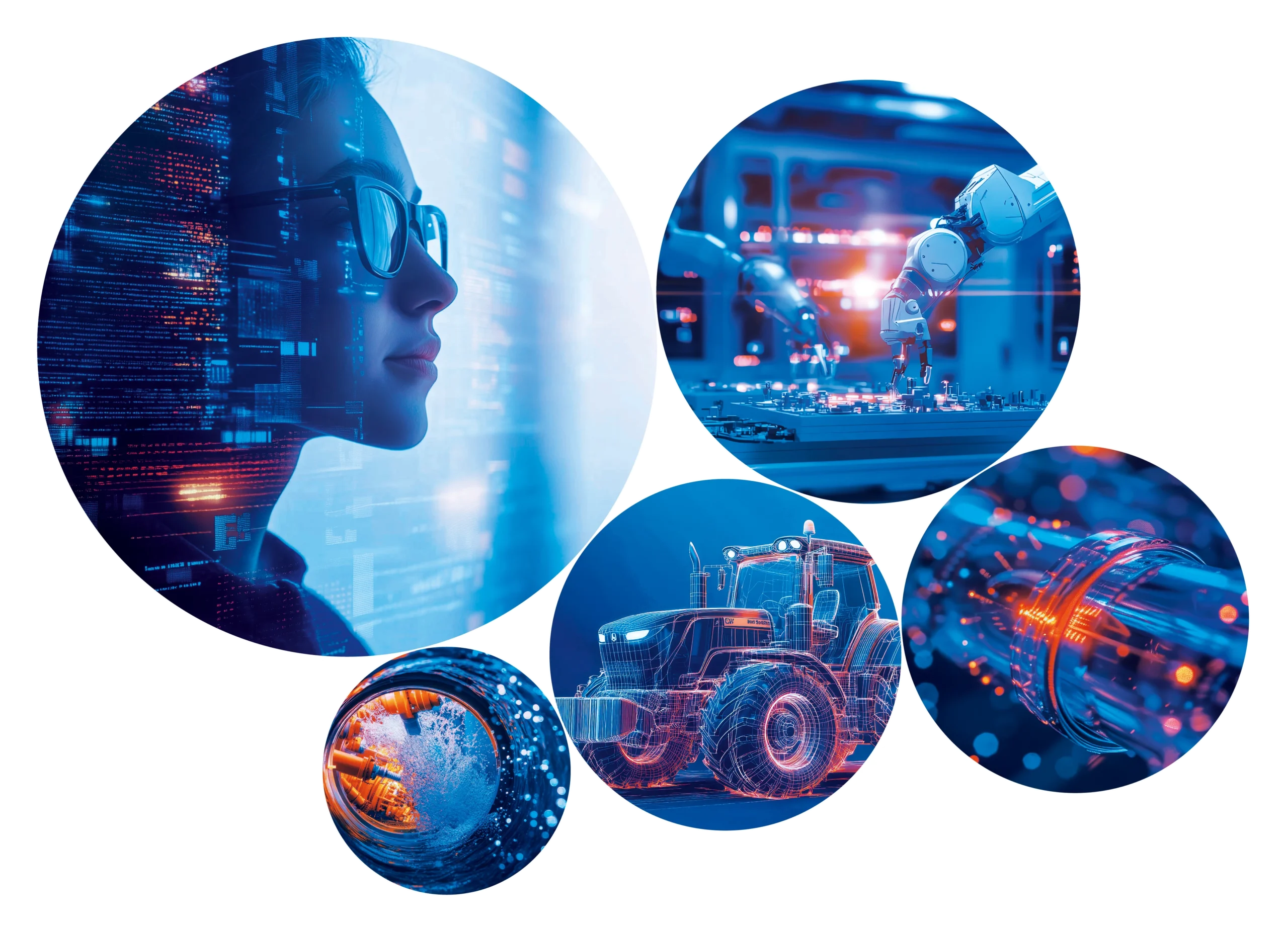 Kreisförmig angeordnete futuristische Illustrationen: eine Person mit Brille blickt nachdenklich auf digitale Daten, ein Roboterarm arbeitet an einer Platine, ein Traktor als digitale 3D-Visualisierung, ein Hochgeschwindigkeits-Datenstrom sowie ein chemisches oder biologisches Experiment in Flüssigkeit.